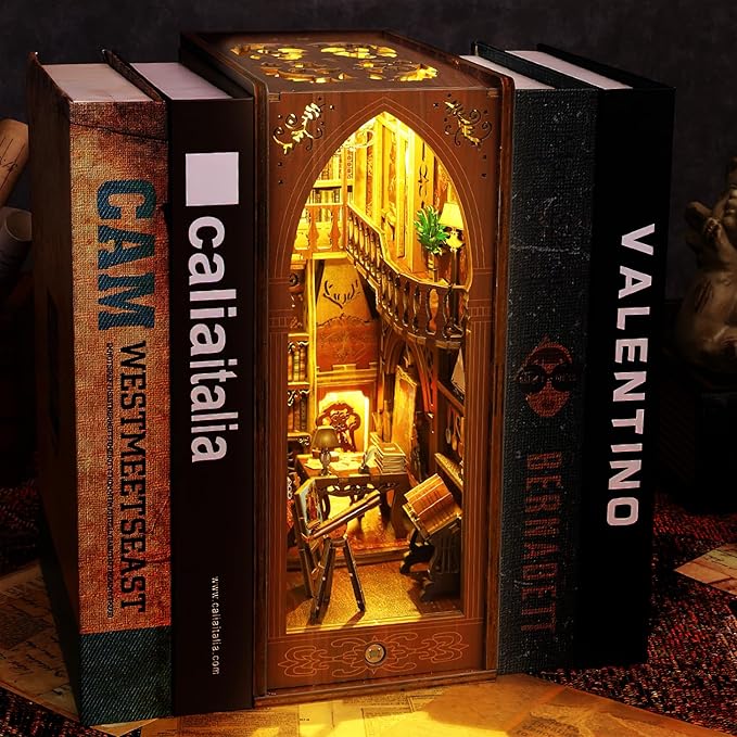 Book Nook Kit, DIY Dollhouse Booknook Bookshelf Insert Decor Alley, DIY Book Nook Miniature Kit with Lights, 3D Wooden Puzzle Decorative Bookend Miniature Model Kits for Kids/Adults