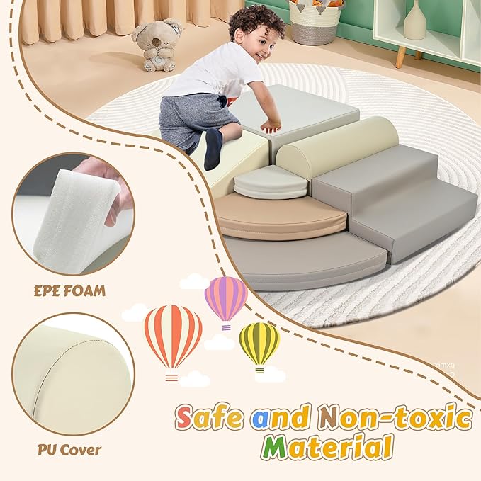 Merax 7-Piece Soft Foam Blocks, Baby Soft Climbing Toys for Toddlers 1+, Indoor Climbing Crawling Activity Play Set, Corner Soft Play Climber Set, Cappuccino