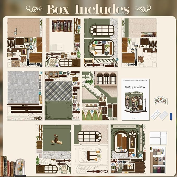 Cutefun Book Nook Kit - DIY Miniature Dollhouse Kit for Adults and Teens, 3D Wooden Puzzle Library Mini House Building Kit with LED Bookshelf Insert Decor Creative Gifts (Gallery Bookstore)