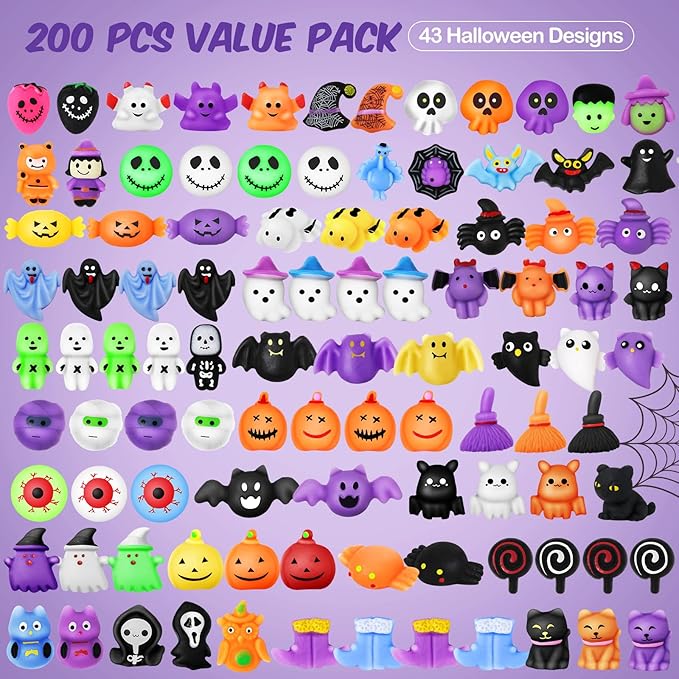 200 PCS Halloween Squishy Toys for Kids Toy Halloween Party Favors Trick or Treat Toys Bulk,Halloween-Theme Squishy Toy for Kids Boys Girls Gifts,Goodie Bags Fillers,Classroom Prizes