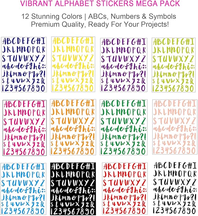 816 Pcs MEGA Pack Alphabet Stickers - 12 Vibrant Colors Letter Stickers, Complete ABCs & Numbers, Ideal for Mailbox Labels, Scrapbooking, Crafts, Learning & Organizing