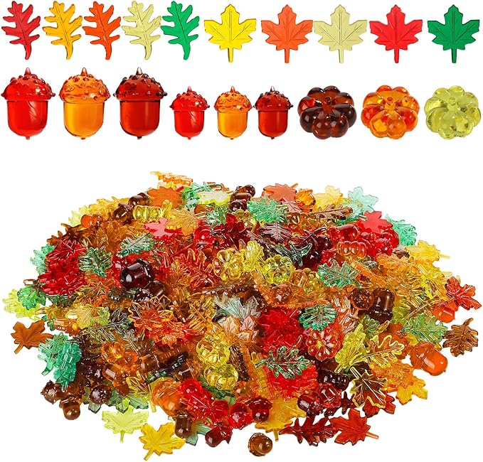 Frienda 400 Pieces Acrylic Fall Vase Filler Mini Pumpkins Leaves Maple Acorns Sensory Bin Filler for DIY Crafts Home Decoration Thanksgiving and Autumn Table Centerpieces
