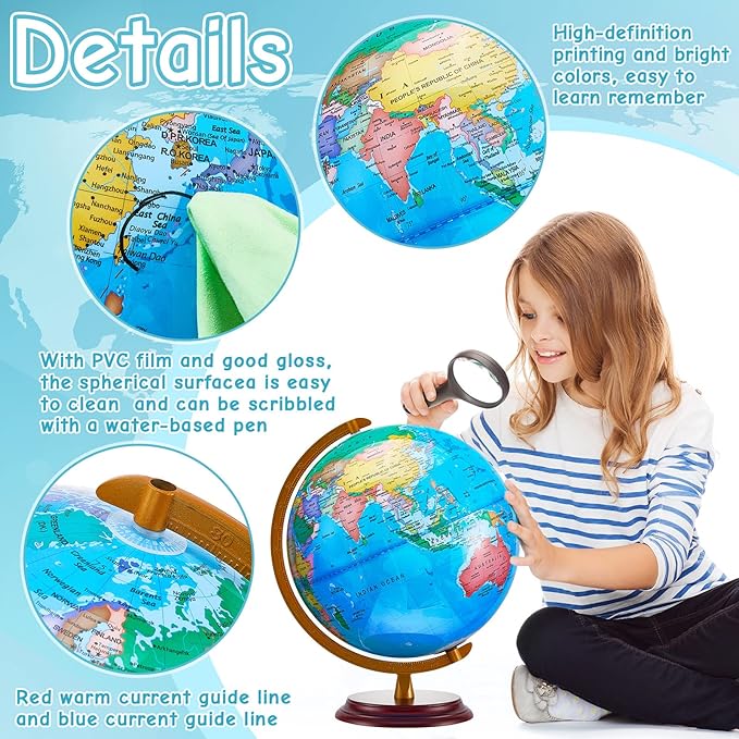 Amylove 13'' Illuminated World Globe for Adults 720°/360° Rotation Rewritable Light Up Globe with Stand World Map for Interactive Learning Light with Base Lamp LED Decor (Brown Wood,Classic)