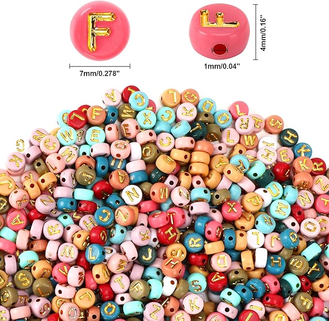 Colored Letter Beads, DECYOOL 1900Pcs 4×7mm Colorful Gold Acrylic Alphabet Beads with 1 Roll Elastic String for Bracelet Necklace Jewelry Making Supplies