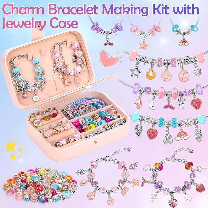 Charm Bracelet Making Kit with Jewelry Box Charm Beads for Jewelry Making DIY Bracelet Craft Kit for Birthday Gifts Valentine Christmas