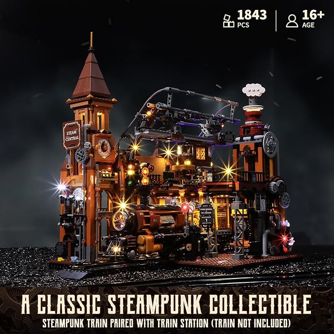FUNWHOLE Train-Station Lighting Building Bricks Set - Steampunk LED Light Building Set 1843 Pieces for Adults and Teens
