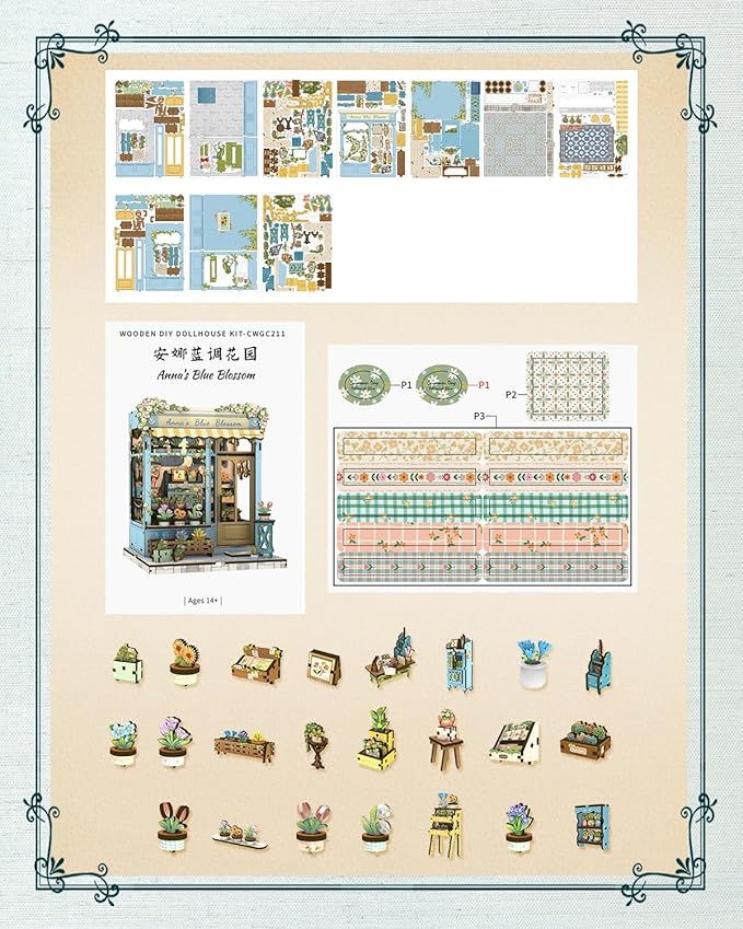 Cutefun Book Nook Kit - DIY Miniature House Kit for Adults and Teens, 3D Wooden Puzzle Mini House Building Kit with LED, Dollhouse Kit Bookshelf Insert Decor Creative Gifts (Anna's Blue Blossom)