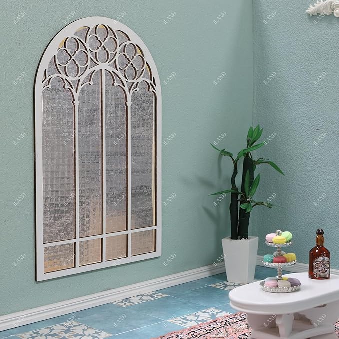 iLAND 1/12 Scale Accessories of Dollhouse Window, Wooden DIY Dollhouse Building Supplies, Complete Miniature Window Kit w/Wooden Frame & Grid Pattern PVC Film