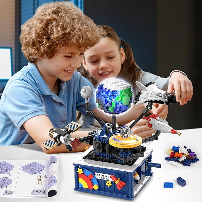Planet Rotatable Space Sets with Light - Earth & Moon Space Exploration Building Toys with Shuttle Spaceship Science Kits Building Blocks Gifts for Kids Age 8+ Years Old Boys Girls(554 PCS)