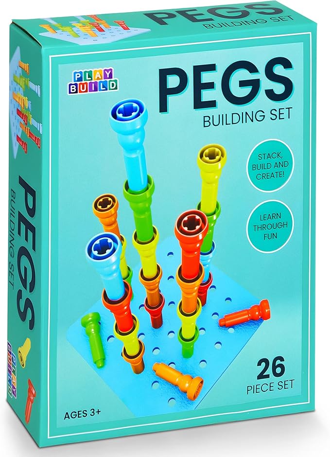 Play Build Peg Board Toy for Kids, 25 Colorful Pegs with Foam Board, Stacking Pegboard Set, Toddler Learning Toys for Ages 3+, Montessori, Educational, Therapy Toy for Boys & Girls