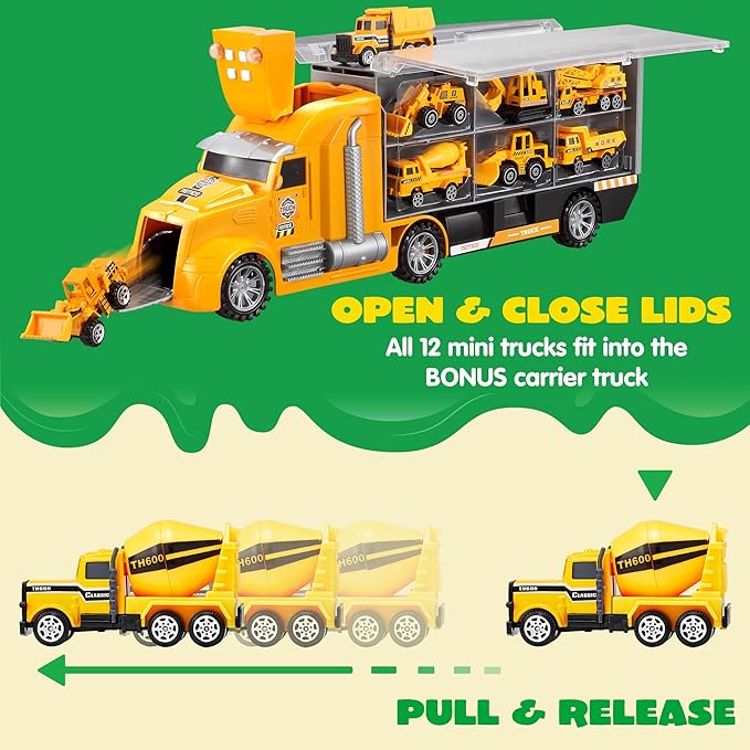 JOYIN 25 in 1 Kids Construction Truck Toy Set, 24Pcs Push and Go Cars and Worker Figures, Toddler Play Vehicles with Sounds and Light, Christmas Birthday Gifts Toys for 3 4 5 6 7 Years Old Grandkids