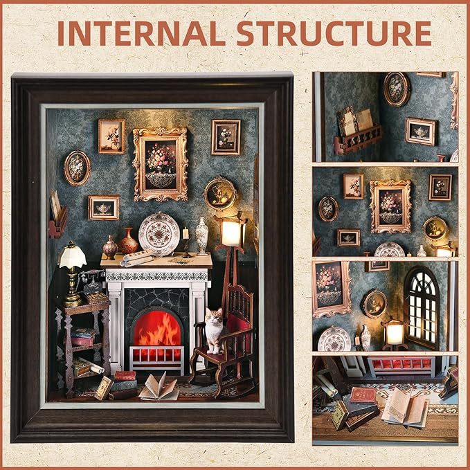 Book Nook Kit - 3D Wooden Puzzle with LED Switch Control & Wall-Mountable Frame，DIY Miniature House for Beginners，Bookshelf/Tabletop/Wall Decor for Craft Lovers，Dollhouse Gift,Fireplace