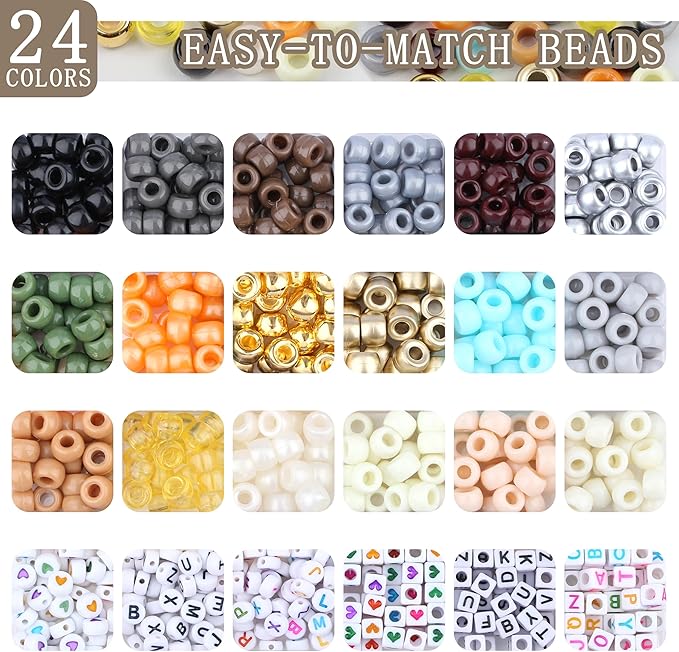 XIANNVXI 24Colours Grey Pony Beads for Bracelet 720pcs Letter Kandi Letter Friendship Grey Brown Pony Beaded Kit Bracelet Making Kit for Jewelry DIY Crafts