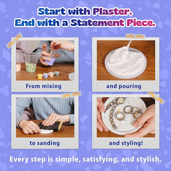 Pinwheel Crafts Terrazzo Plaster Jewelry Dish Kit - DIY Arts and Crafts Kit for Girls Ages 6-12 - Make Your Own Trinket Dish with Paint, Mold, and Plaster – Creative Birthday Gift for Kids
