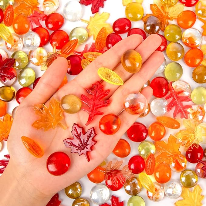 Fall Decor Sensory Bin Filler 100PCS Thanksgiving Vase Filler Acrylic Gems Autumn Leaves Corn Gems, for Fall and Thanksgiving Table Decor, Vase Filler, Sensory Bin Filler Preschool Counting