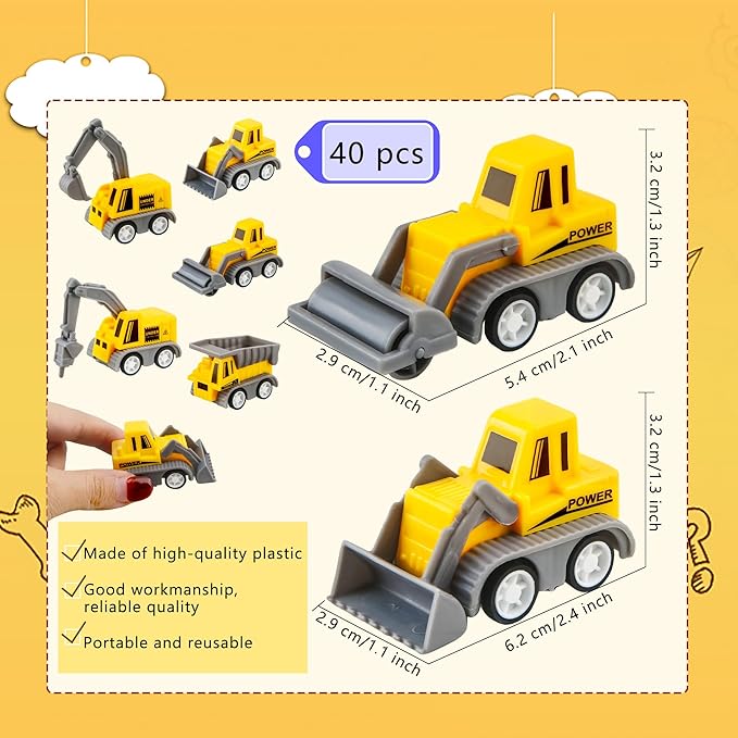 40 Pieces Mini Construction Vehicles Bulk Pull Back Trucks Engineering Toys for Kids Construction Party Favors