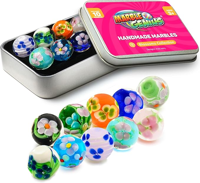 Marble Genius Collectors Marbles, Blossoms, 16mm (⅝ Inch), 10 Handmade Glass Marbles, Gifts for Marble Lovers, Gifts for Kids Ages 3+