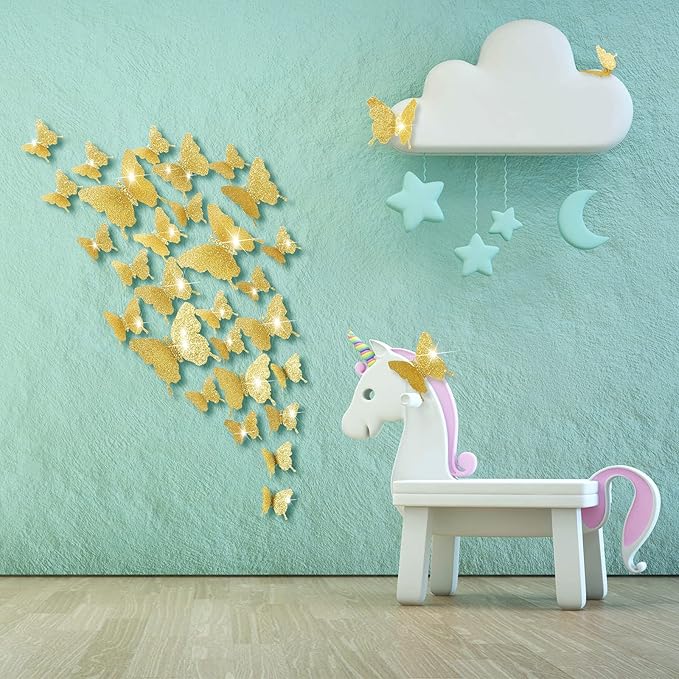 BBTO 48 Pieces Butterfly Wall Decor DIY Mirror 3D Butterfly Stickers Removable Decals for Home Bedroom School Bathroom Living Room Decor(Glitter Gold)