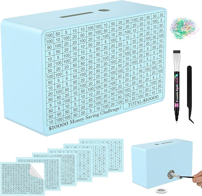 Wooden Money Saving Box, Cash Vault Savings Box for $10000 $5000 $3000 $1000 $800 $500 Target Money Saving Challenge, Reusable Money Box with Counter, Dry Erase Pen/Savings Trackers/Rubber Band-Blue