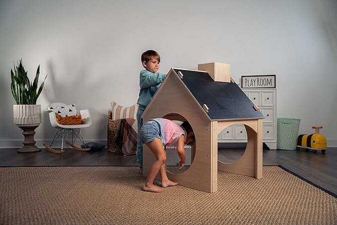 Avenlur Indoor Montessori Wooden and Waldorf Style Playhouse for Toddlers with Double Chalkboard Roof. Sturdy Play Set Structure for Children and Kids ECC Early Childhood Day Care, Preschool Playroom