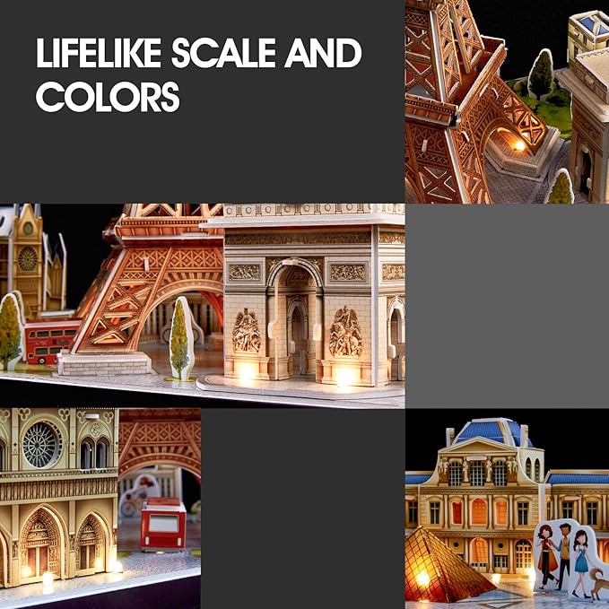 CubicFun 3D Puzzle LED Paris Cityline, 115 Pieces, 1 Count, Ages 8-12, Modern Style, Unisex, Gray, Intermediate Skill, Patience Skill, 15.748 x 4 x 12.87 inches, Assembly & Disassembly, PUZZLES