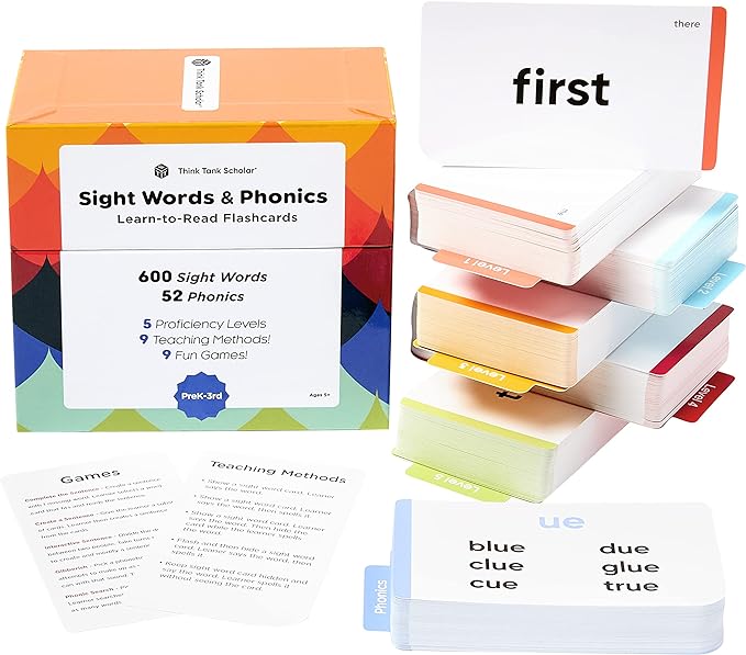 Think Tank Scholar 652 Sight Words/Phonics Flash Cards, Learn to Read: CVC Blends, Short/Long Vowel Sounds, Dolch & Fry High Frequency Site Words + Games: Preschool PreK Kindergarten 1st 2nd 3rd Grade