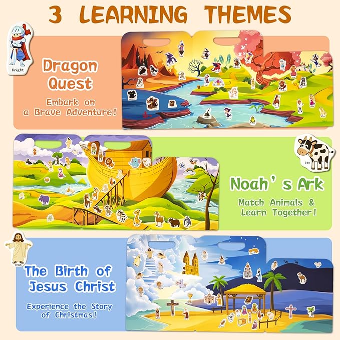 3 Pack Reusable Sticker Books for Kids, Waterproof Puffy Stickers - Match and DIY Scene, Toddler Travel Essential Activities Toys - Christianity Jesus, Noah's Ark and Fairy Tales (2-6 Age)