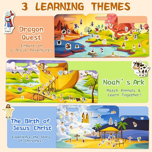 3 Pack Reusable Sticker Books for Kids, Waterproof Puffy Stickers - Match and DIY Scene, Toddler Travel Essential Activities Toys - Christianity Jesus, Noah's Ark and Fairy Tales (2-6 Age)
