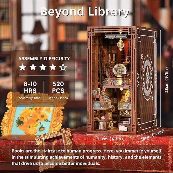 DIY Book Nook Kit, DIY Miniature Dollhouse Booknook Kit, 3D Wooden Puzzle Bookend Bookshelf Insert Decor with LED Light for Teens and Adults (Beyond Library)