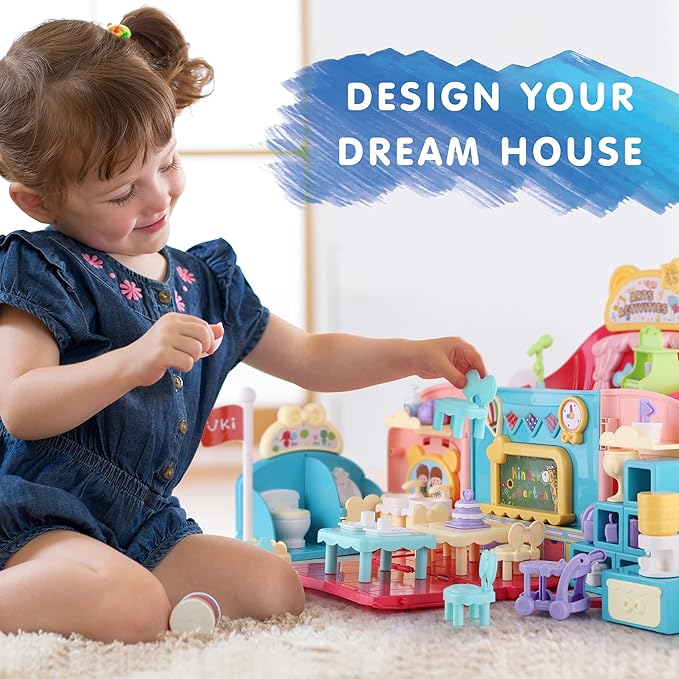 iPlay, iLearn Backpack Dollhouse Playset for Girls 3-5, Kids Pretend Play Doll House Set W/ Portable Backpack, Dolls, School Accessories, Birthday Gifts for 4 5 6 Year Olds Children Toddlers