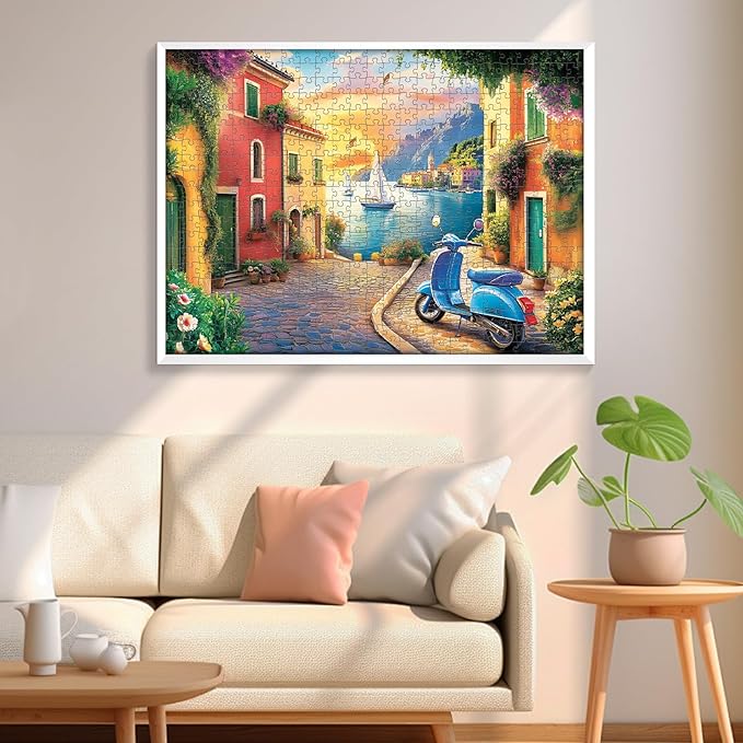 500 Piece Puzzles for Adult, Coastal Village Sunset Harbor Scene Jigsaw Puzzles for Adults Kids Senior, Colorful Buildings Adult Puzzle, Challenging Family Fun Activity Game Gift Decor 20.5 X 15 in