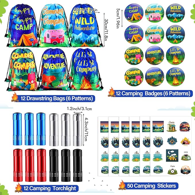 Zhanmai 140 Pcs Fall Camping Party Favors Gifts Silicone Bracelets Stickers Camping Keychain Badge Camouflage Pencils Spiral Camp Adventure Theme Notepads Happy Drawstring Bags Mini Flashlight for Kid