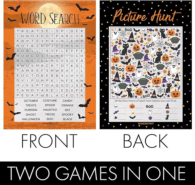 DISTINCTIVS Halloween Party Games – Word Search and Picture Match 2 Game Bundle, 25 Dual-Sided Cards for Kids, Adults, Classrooms, and Fall Events