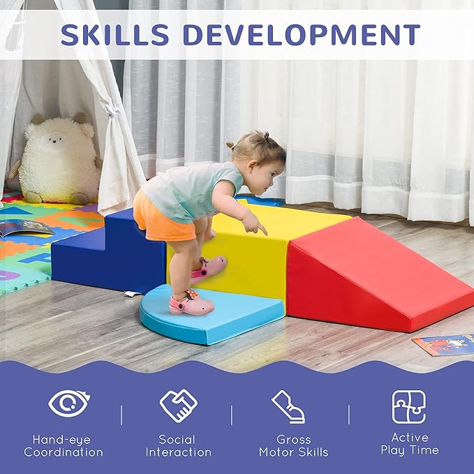 Qaba Foam Play Set for Toddlers and Children, Easy-to-Clean 4 Piece Soft Indoor Climber & Safe Kids Climbing Set for Crawling or Sliding, Multicolor