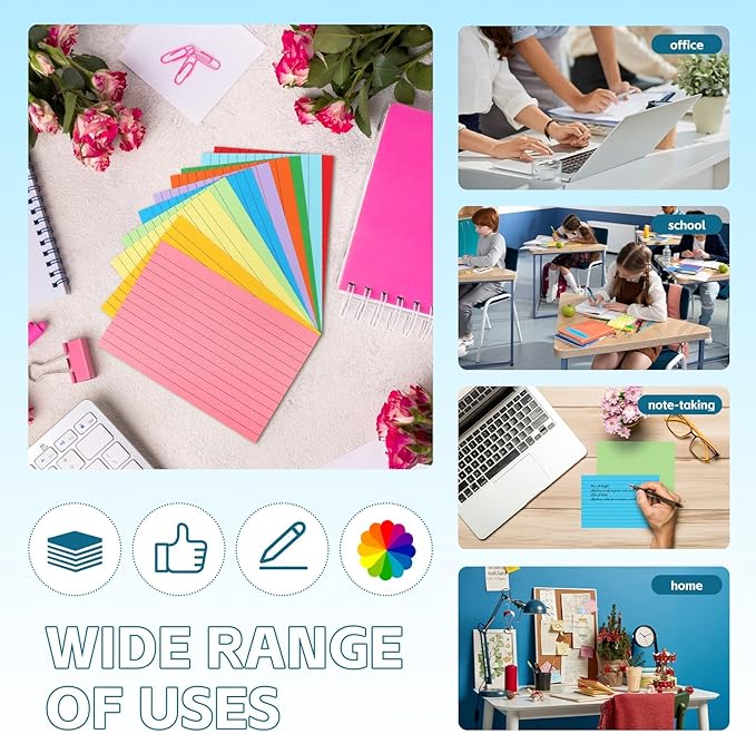 Tecmisse Colored Index Cards 4x6, 300 Pack, 10 Colors Ruled Note Cards, Flash Cards for Studying, Heavy Notecards for Office and School, One Side Lined, One Side Blank