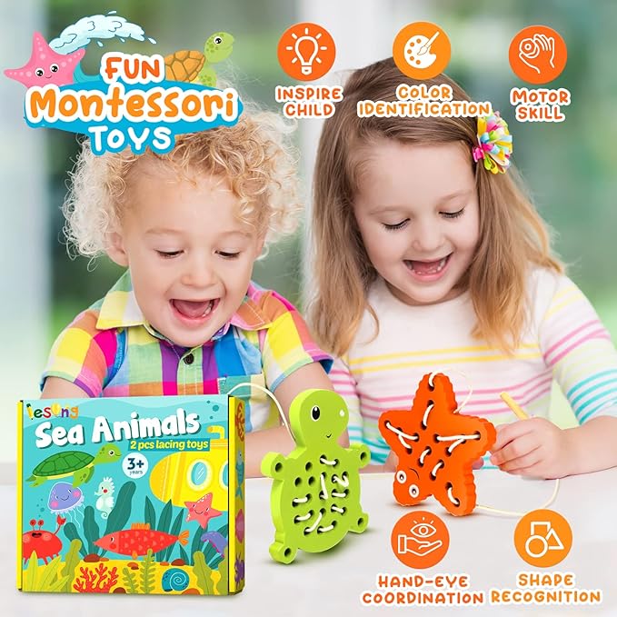 KLT Wooden Lacing Toys for Toddlers Fine Motor Learning, 1 Turtle 1 Starfish Wood Puzzle Preschool Educational Toys, Montessori Gifts for Kids 3-5