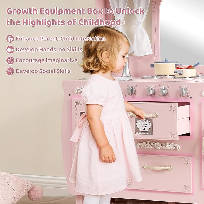 Kids Kitchen playset，Wooden Play Kitchen with Realistic Design，Kids Play Kitchen with Plenty of Play Features，Fine Gift for Ages 3+,Pink