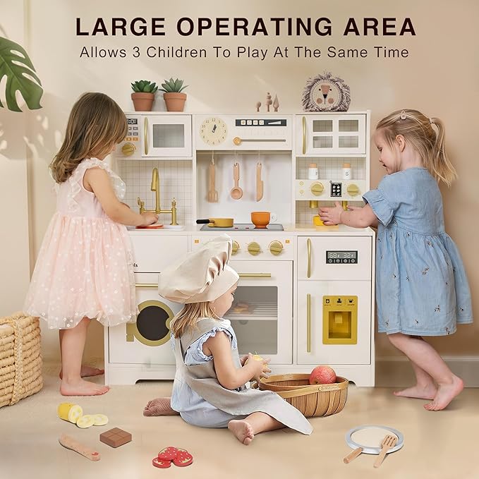 Kids Wooden Play Kitchen Set with Oven, Ice Maker & Coffee Maker - Pretend Cooking Toy Gift for Toddlers 3+ Years