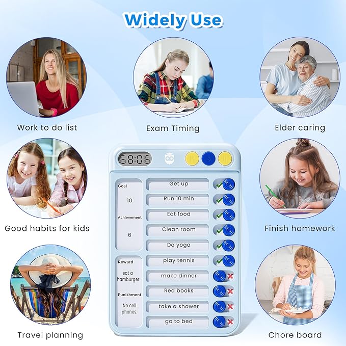 Magnetic Chore Chart for Kids with Timer, Visual Schedule for Kids, ADHD Tools for Kids to Do List, Checklist with 99-Min Countup/Countdown Chore Board with Sliders & 12 Dry-Erase Sheets (Blue)