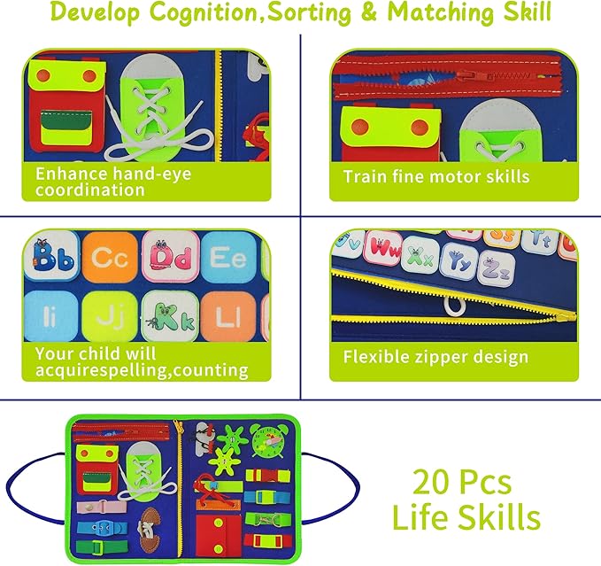 Dinosaur Montessori Learning Toy for Toddlers Ages 3-5 Years, Busy Sensory Board with Educational Activities, Travel-Friendly Developmental Skills Toy