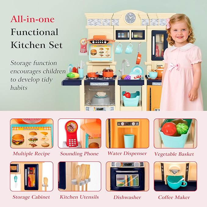【2025 Upgraded】 Kitchen for Kids Interactive Play Kitchen for Kids Toddlers-Lightweight Easy-Install Pretend Kitchen with Tablet Ordering, Music, Lights Sounds, Steam Stove, Sink & Dishwasher(Blue)