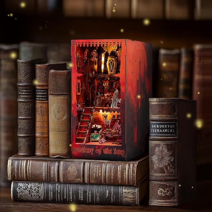 DIY Miniature Dollhouse Booknook Kit, 3D Wooden Puzzle Bookend, Tiny House Library Bookshelf Insert Decor with LED Light, Gift for Adults, Teens, Beginners, and Family(Symphony of The Hero)