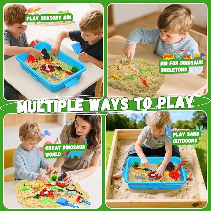 Pakimio Dinosaur Sensory Bin with Lid, 2.64lbs Magic Sand, Dino Figures & Skeletons, Archaeology & Sand Tools, Scenic Elements, Play Sand Kit Dinosaur Toys for 3 4 5 6 7 8+ Year Old Boy Birthday Gift