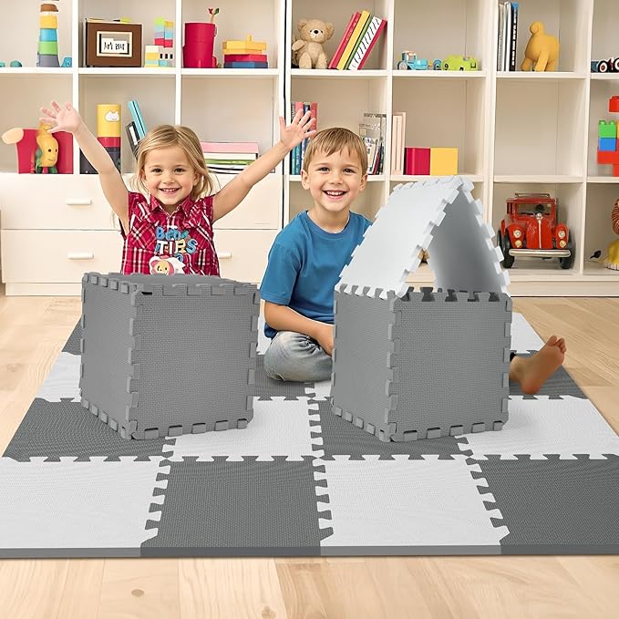 16Pcs Baby Play Mat for Floor, Foam Floor Tiles for Kids with Interlocking, Squares Foam Puzzle Carpet for Playroom, Crawling Rug for Babies 6-12 Months,Toddlers,11.8 * 11.8 * 0.6In Each,Grey White
