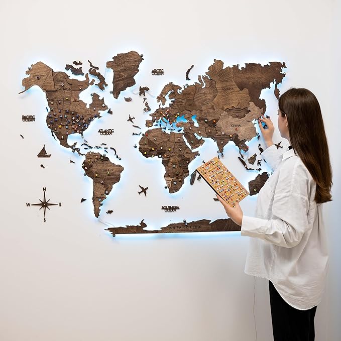 Enjoy The Wood 3D Wood World Map LED 3.0 Wall Art Modern Home Decor Gifts LED Lighting Wall Decor Housewarming Gift (Dark Walnut)
