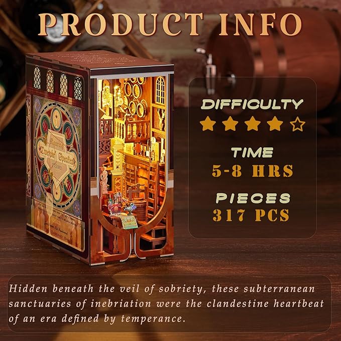 DIY Book Nook Kit, DIY Miniature Dollhouse Booknook Kit, 3D Wooden Puzzle Bookend Bookshelf Insert with LED Light for Teens and Adults (Roaring Twenties Speakeasy)