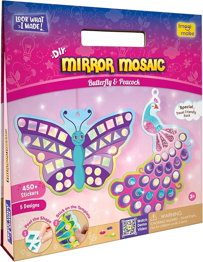 Imagimake Mirror Mosaic Butterfly & Peacock Kids Art Set | DIY Craft Kit | Foil Stickers for Kids | Mosaic Kit | Travel Toys | Birthday Gift for Girls and Boys Ages 3,4,5,6,7,8