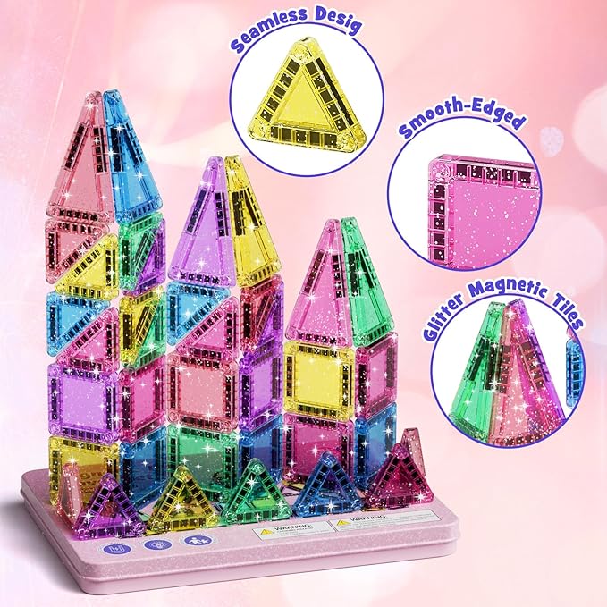 42-Piece Glitter Magnetic Tiles Travel Set with Pink Metal Box - Portable STEM Building Blocks for Kids Ages 3-8 Boys & Girls STEM Montessori Educational Toys for Airplane Car Rides