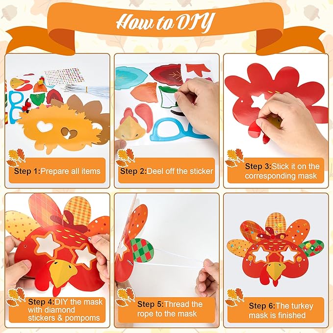 Bafeil 24 Sets Thanksgiving Turkey Masks Craft Kits DIY Turkey Face Mask Paper Art Craft Kit with Diamond Sticker for Fall Harvest Thanksgiving Party Favor Art Project Family Classroom Activity