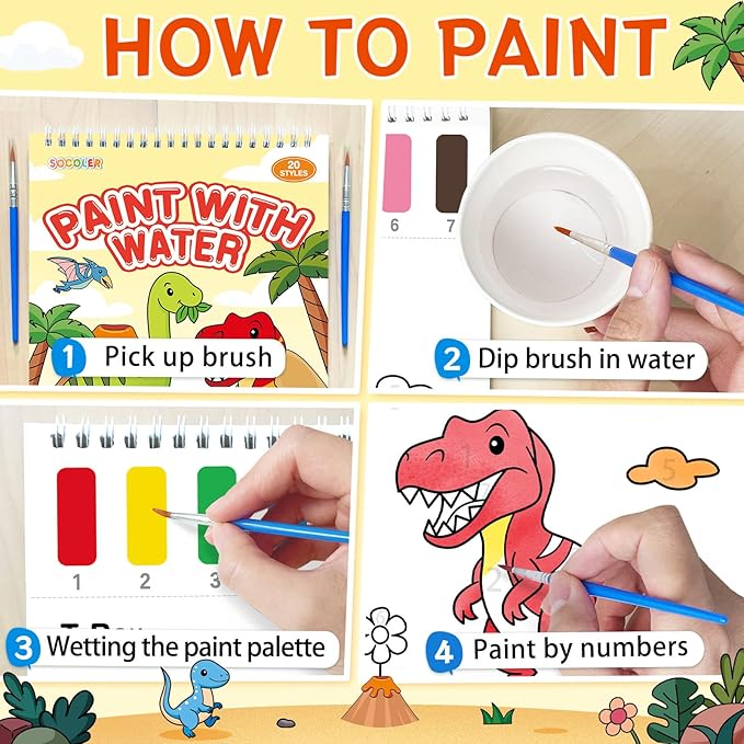 Paint with Water Coloring Books for Toddlers,Mess Free Watercolor Painting Papers for Kids Water Color Paint Kit Art Craft Birthday Gift for Ages 1-3,4-8(Dinosaurs)